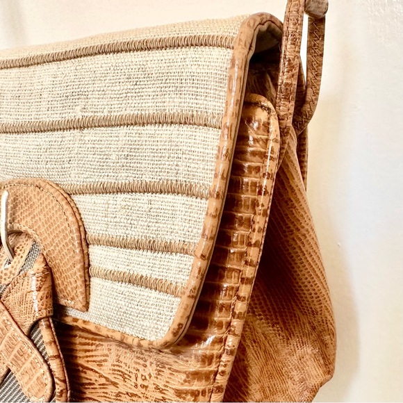 SHARIF Made in USA Python Leather & Fabric Crossbody Bag Brown/Beige EUC - Picture 9 of 14